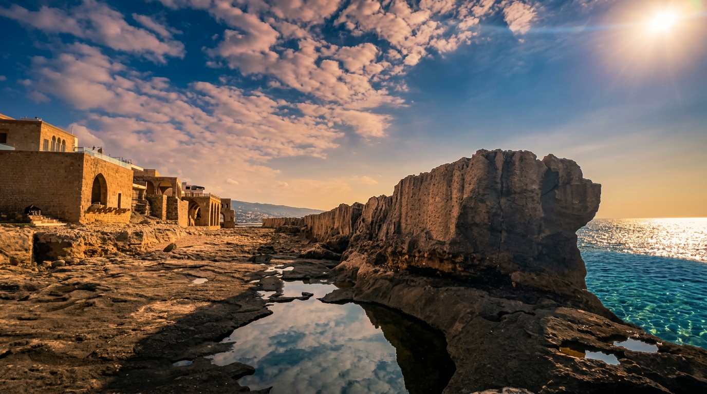 Batroun coastline at golden hour with the ancient Phoenician sea wall