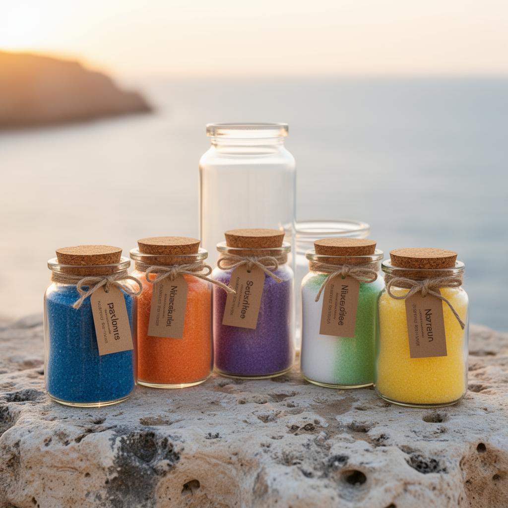 The full collection of coloured salt jars on Batroun coastal stone, with one empty jar waiting for a new story